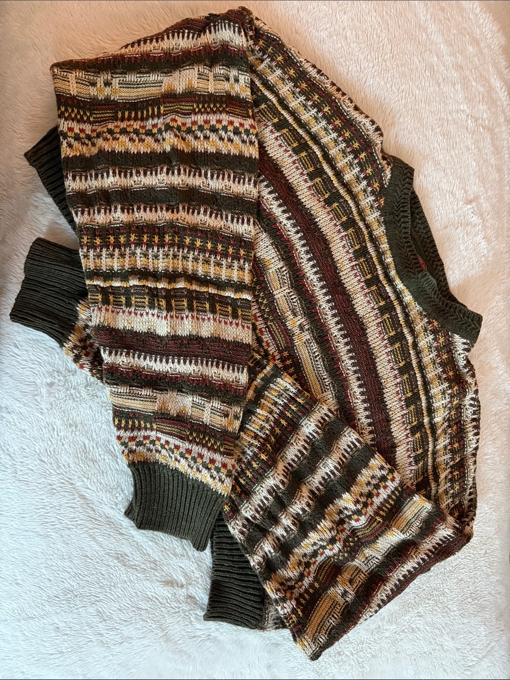 Cozy Multicolor Patterned Knit Sweater - Olive/Tan/Burgundy